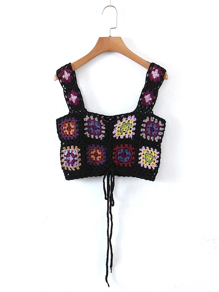 

YENKYE 2022 Fashion Women Handmade Crochet Vintage Plaid Sexy Tank Top Ladies Summer Boho Crop Top