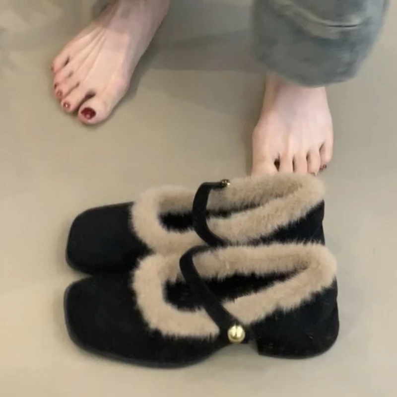 خمر منصة سميكة وحيد المرأة الفراء بطانة ماري جين أحذية موضة الانزلاق على أحذية السيدات فستان كعب سميك أحذية قطنية دافئة