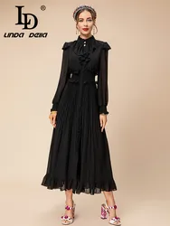 LD LINDA DELLA Fashion Designer Black Slim Fit Dress Women's Ruffled Single-breasted Elastic Waist Draped Splice Long Dress