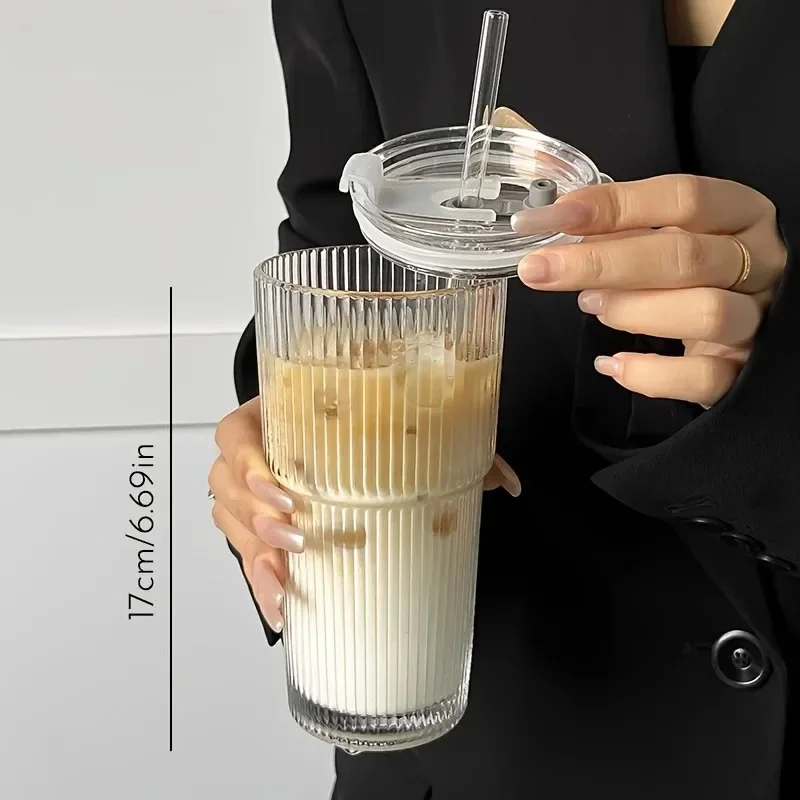 1 600ML striped cup with lid, milk iced coffee cup, beverage cup image 5