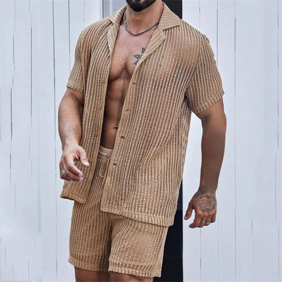 2024 Sexy Hollow Out Mesh Knitted Two Piece Suits for Men Summer Beach Lapel Shirts and Shorts Men\'s Outfits Casual Shorts Set