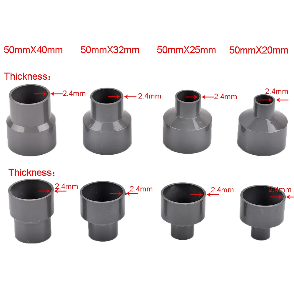 PVC Reducing Connectors Pipe Reducer Adapter, 50-20mm Water Supply Tube Socket Joint PVC Connectors