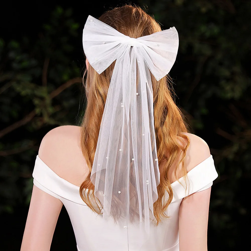 Белые свадебные головные уборы, тюлевой бант с жемчугом, украшение для вечеринки, сетчатый бант, заколки для волос, аксессуары, подарок, фата