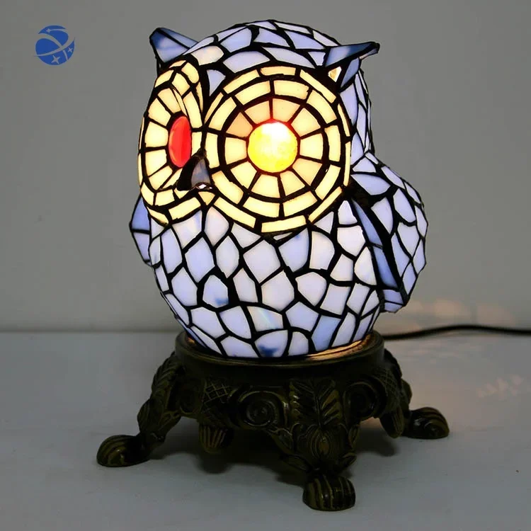 

LongHuiJing Handcrafted owl Lampshade Art Stained Glass Bedside Desk lights Tiffany Antique Style Table Lamp
