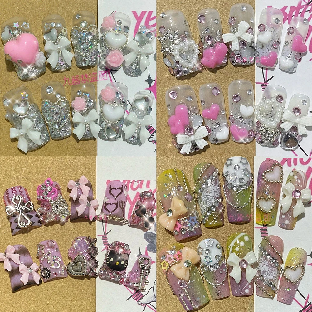 

Handmade Y2K Square Duckbill Press On Nail Art Five-Pointed Star Lace Bow Love Rhinestone Detachable Custom Fake Nails Gift