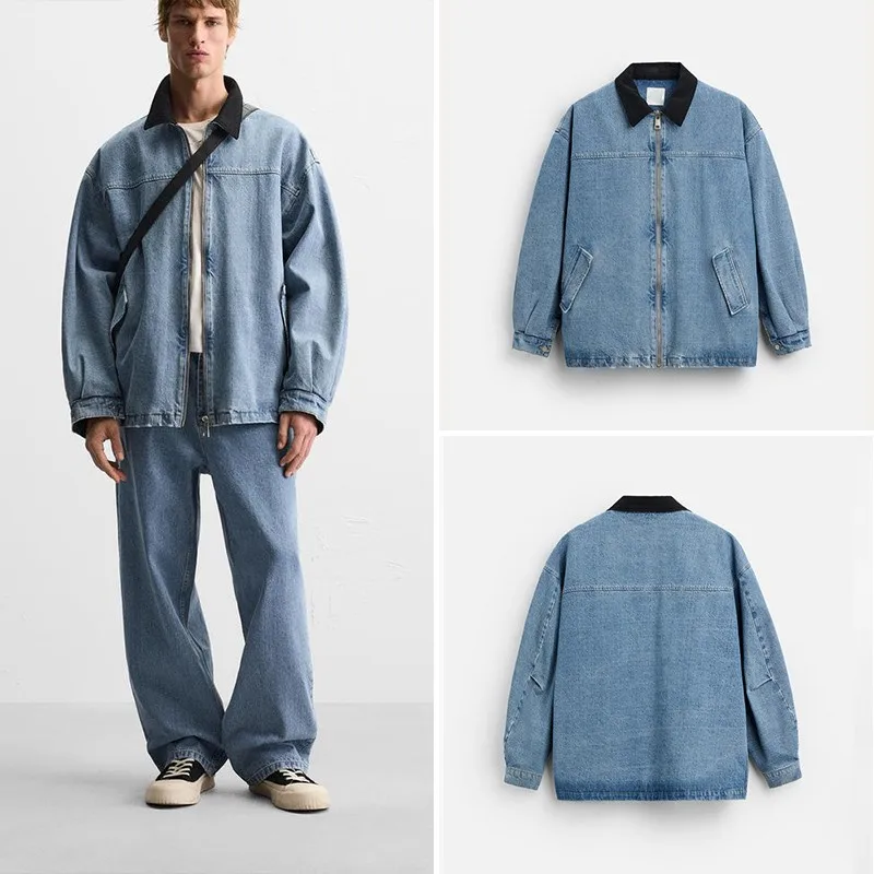 

Свободный крой Long Sve Denim Jaet с воротником-стойкой в стиле пэчворк на молнии, осень-зима, мужская модная городская куртка Sle Jaet