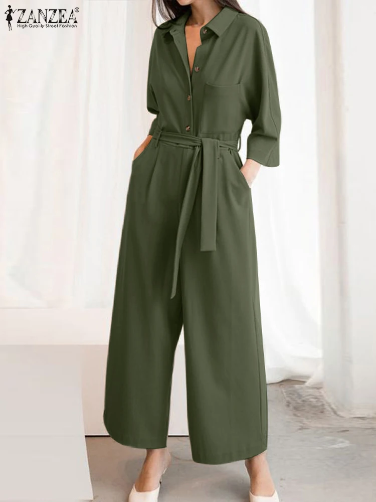 2024 Fashion Summer Rompers ZANZEA Women Jumpsuits Elegant OL Work Overalls Lapel Neck Short Sleeve Playsuits Casual Long Pants