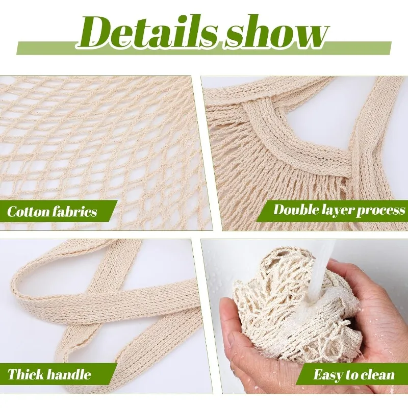 1A foldable and reusable mesh gift bag，agricultural product bag，Beige washable shopping net bag，Fruit with a handle、Vegetables a