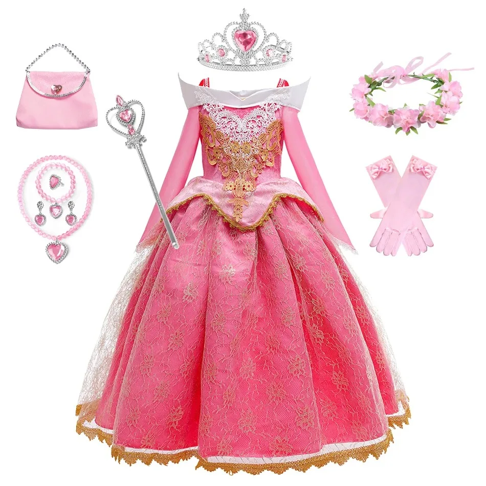 Little Girls Beauty Aurora Cosplay Dress Long Sleeves Off Shoulder Kids Halloween Christmas Gift Fancy Party Princess Clothing