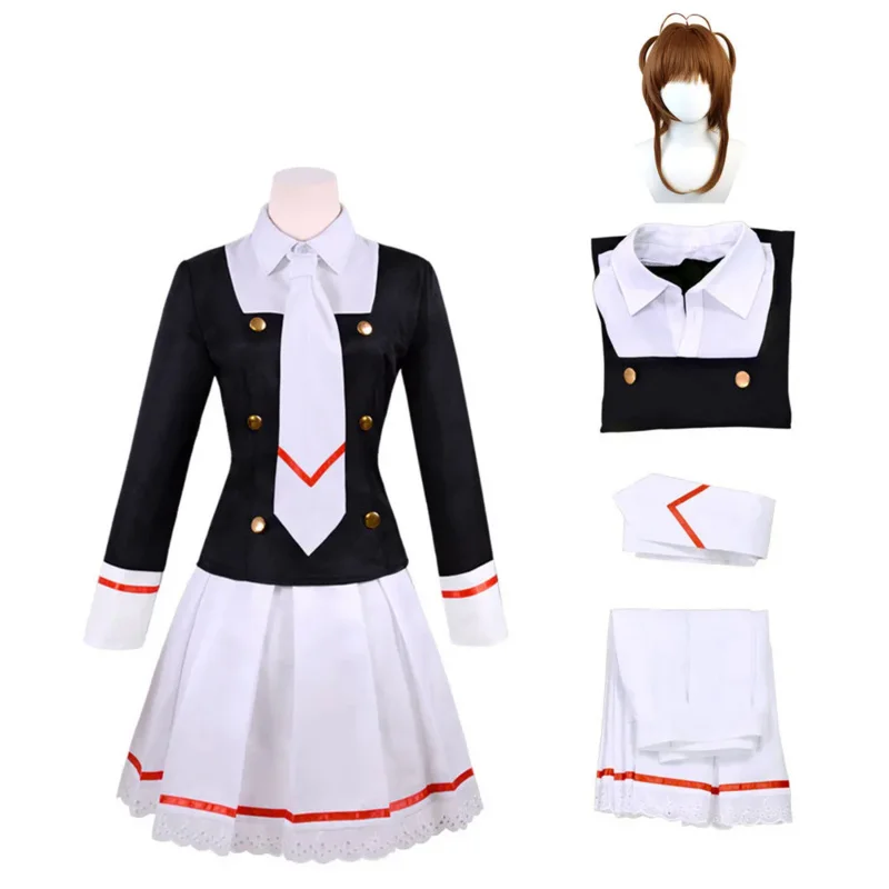 Anime Card Captors Sakura KINOMOTO Cosplay Costume Aldult Woman Cute Loli Sailor JK Uniform Top Skirts Shirt Tie Wig Suit