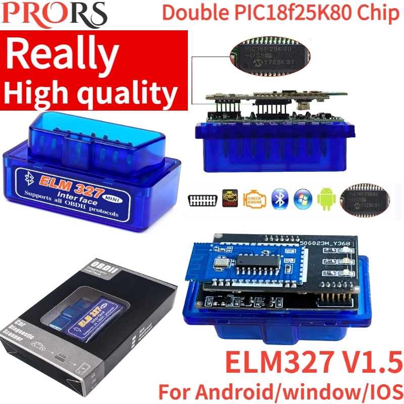 NEW Double PIC18f25K80 Chip ELM327 V1.5 for IOS Android Bluetooth 5.1 Auto Scanner OBD2 Black 2PCB Car Tester Diagnostic Tools