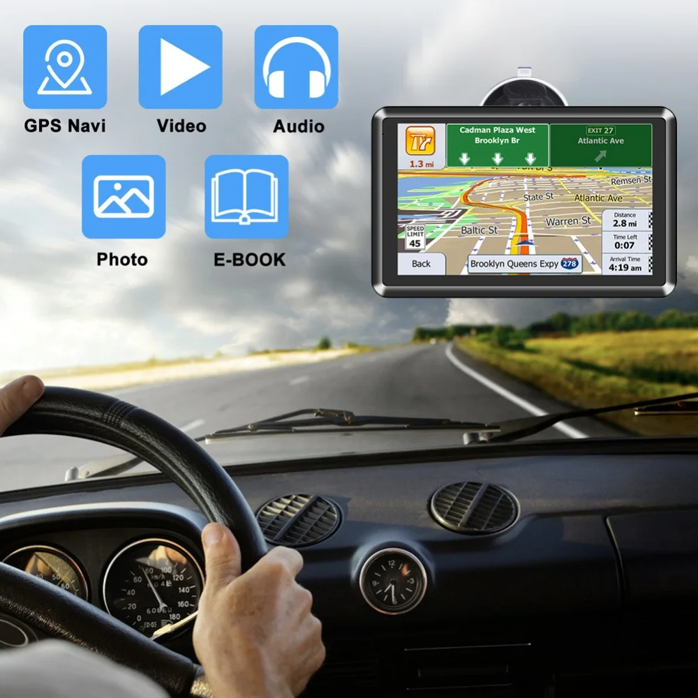 5 Inch Portable Navigator HD Touch Screen Car Monitor FM Transmitter 256MB+8G Mini USB TF EU AU North America Map Speeding Alarm