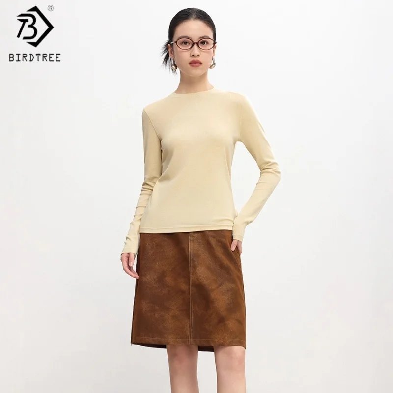 Birdtree,Wool Cotton Blended Knitted Basics Undershirt,Women O-neck Full Sleeve Sweater,2025 Autumn/Winter Pullover T5O717JF