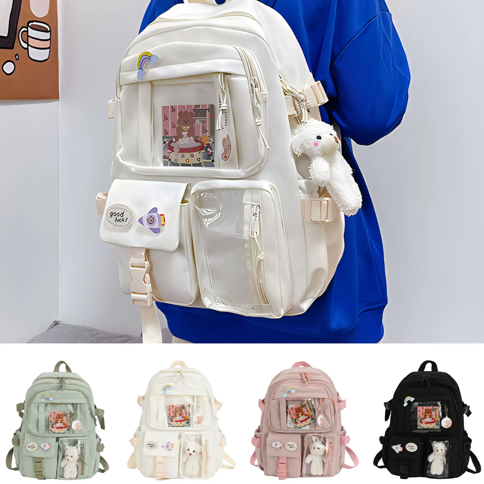 Kawaii Backpack School Bag For Girls Large Capacity With Cute Pin Doll Bear Pendant Pink Black Green White Backpack Student Bag