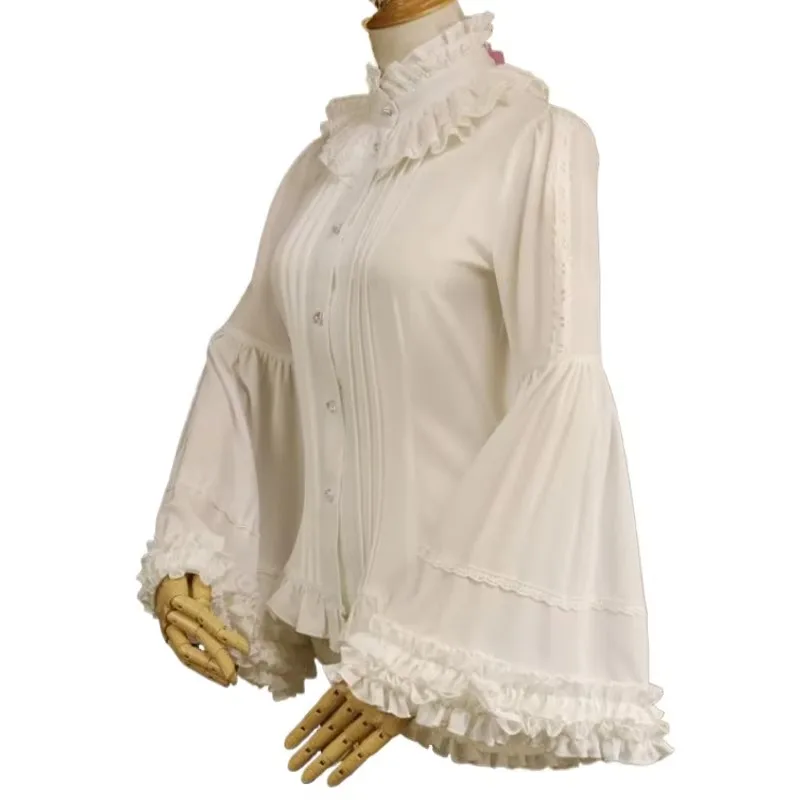 Lolita Lace Blouse Shirt Slim Fit High Collar Women Sweet Ruffle Tops Long Flare Sleeves Vintage Victorian Costume Gothic Outfit