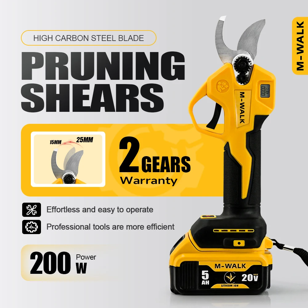 M-WALK 25mm Brushless Electric Pruning Shear LED Display Cordless Garden Scissors Fruit Tree Prower Tool For Dewalt 20V Battery