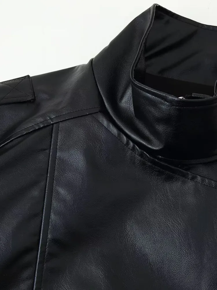 ZMEENNA Veste bombardier noire en simili cuir pour femme col haut fermeture éclair poches avant ourlet côtelé vêtements d'extérieur décontractés ZM4200