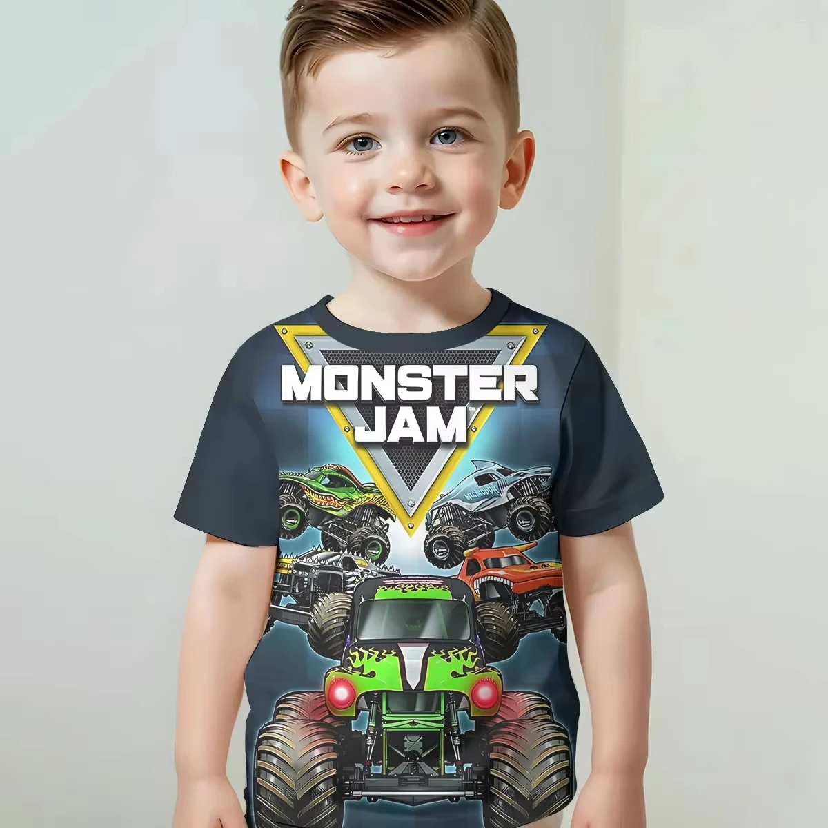 Ropa de bebé con estampado 3D de camión de dibujos animados Monster Jam, ropa de exterior masculina de 5 a 14 años para niños, camiseta para niños y niñas
