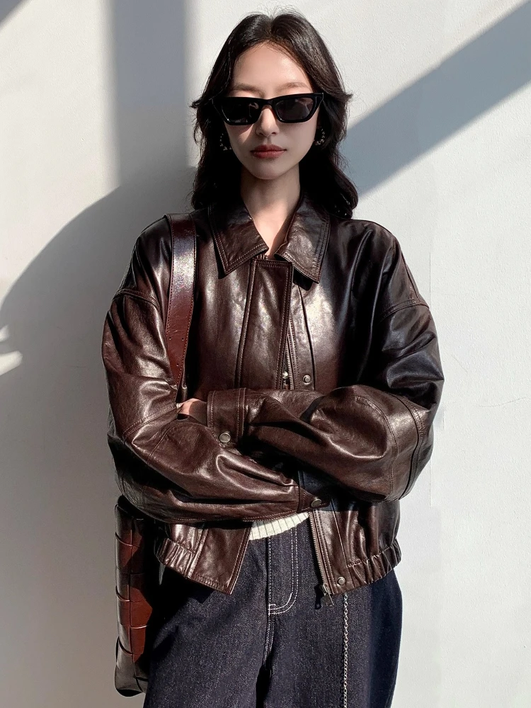 カジュアルショート本革ジャケット レディース 春秋 2025 新作 高級 シンプル 無地 ソフトオイルワックス 本革シープスキンコート