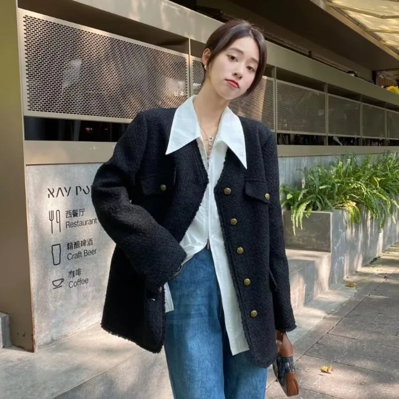 

Insozkdg French Black Tassel Elegant Coat Spring Autumn Chubby Girl Loose Slimming High-end Jacket Elegant Socialite Suit Tops