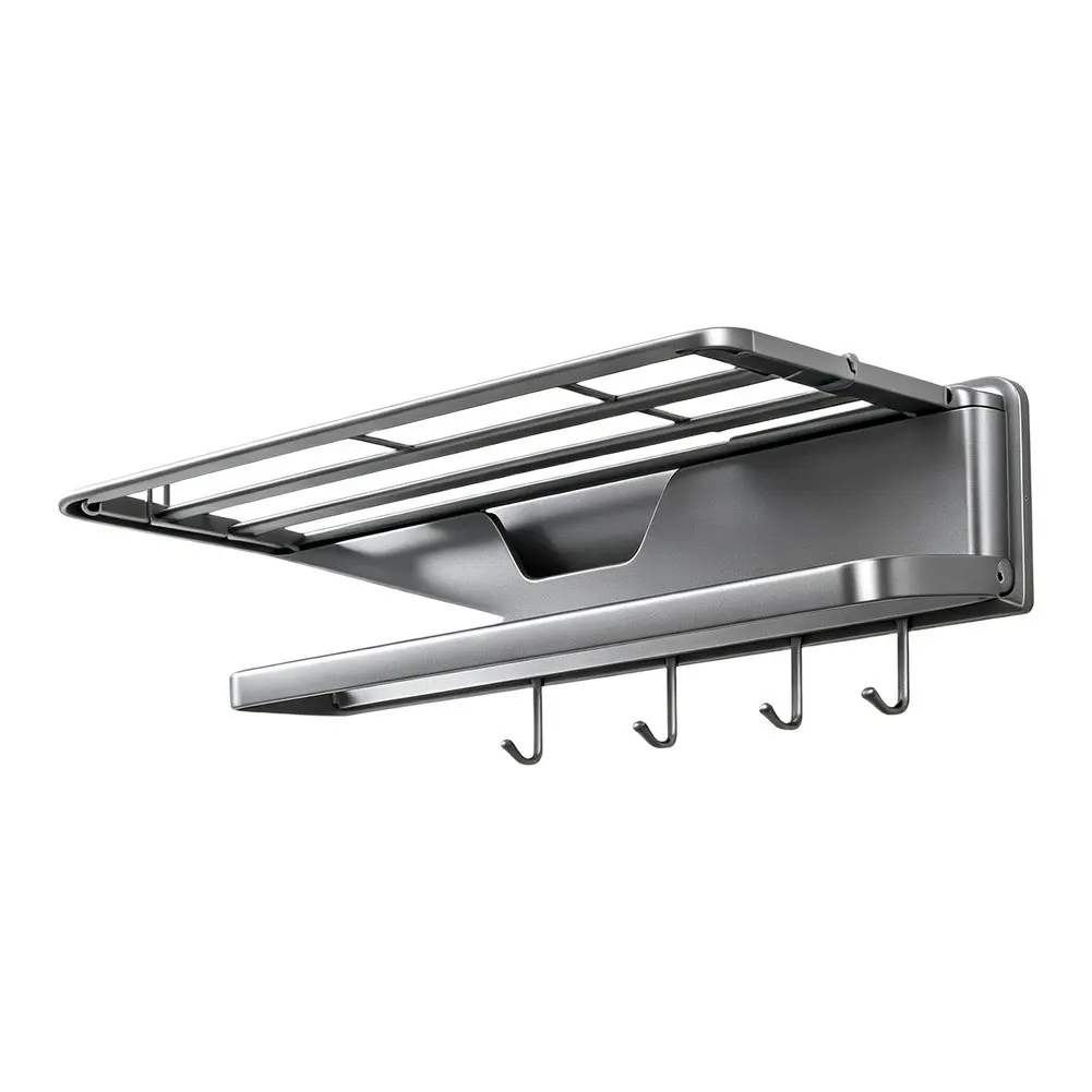 Drill Free Foldable Towel Rack for Bathroom - Compact 3.3cm Folded Thickness - Expands to 20cm Depth - Gray Steel