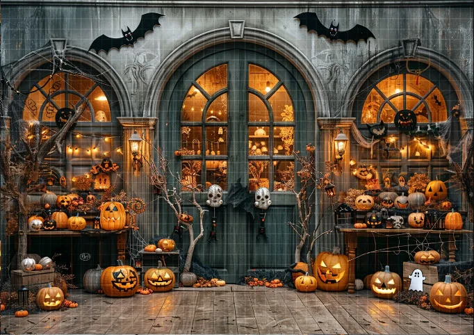 خلفية تصوير من Mehofond للهالوين، متجر اليقطين المخيف، خدعة أو علاج، صورة عيد ميلاد للأطفال، خلفية ديكور لاستوديو الصور