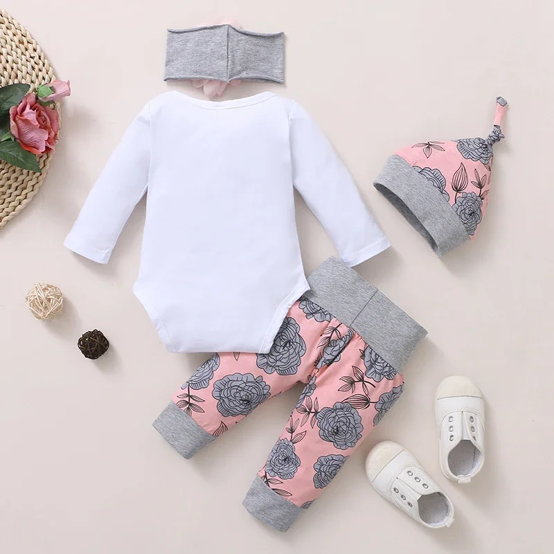 0-18 maanden pasgeboren babymeisje kleding lange mouw romper roos broek met hoed en hoofdband lente 4 stuks outfit peuter meisje kleding