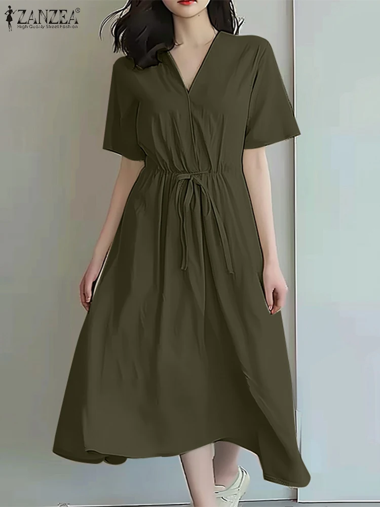 

ZANZEA Office Lady V-neck Waisted Robe Holiday Summer Solid Midi Dress Fashion Women Sundress Vintage 2024 Drawstring Vestidos