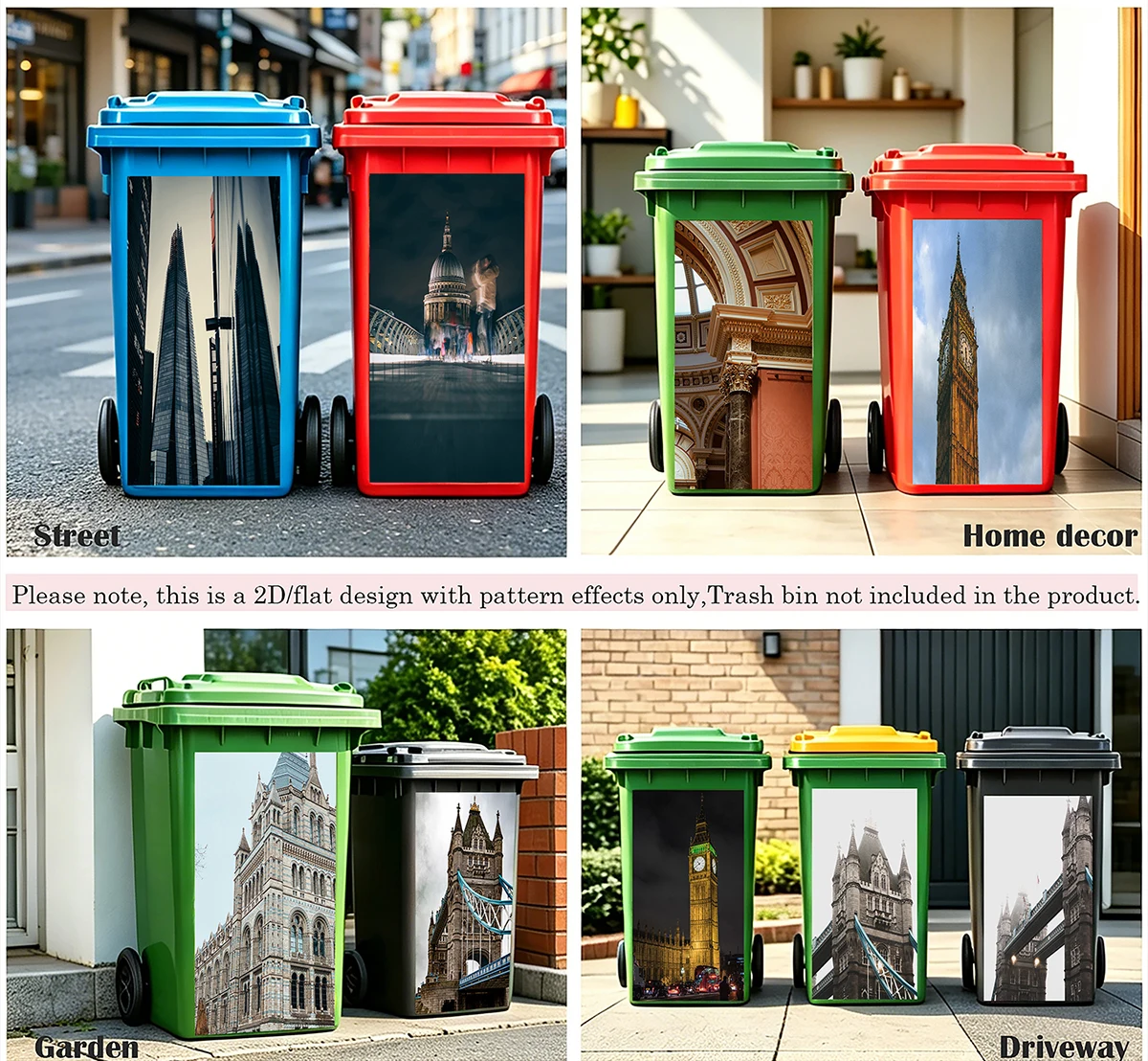 

Lassic London Architecture Trash Bin Sticker Self-Adhesive Waterproof Trash Can Wheelie Bin Waste Bin Universal Size Decal Mural
