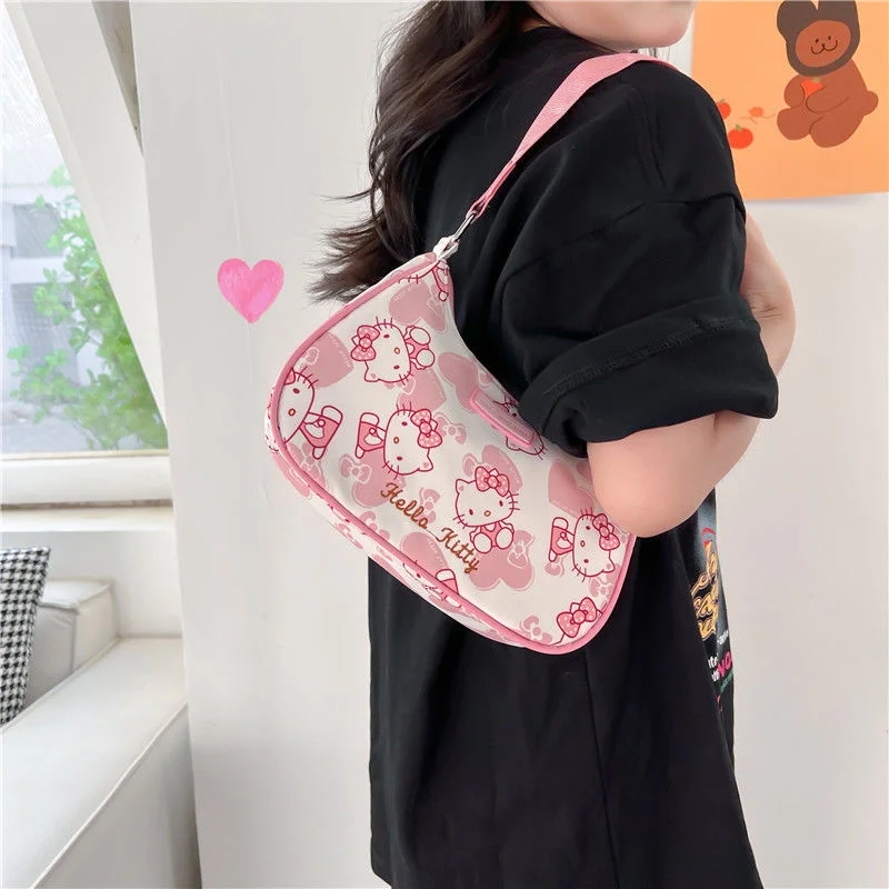 

Sanrio Hello Kitty Y2K Hobos Handbags Japan Style Cute Anime Underarm Bags Kawaii Printed Design Zipper Shoulder Bags For Women