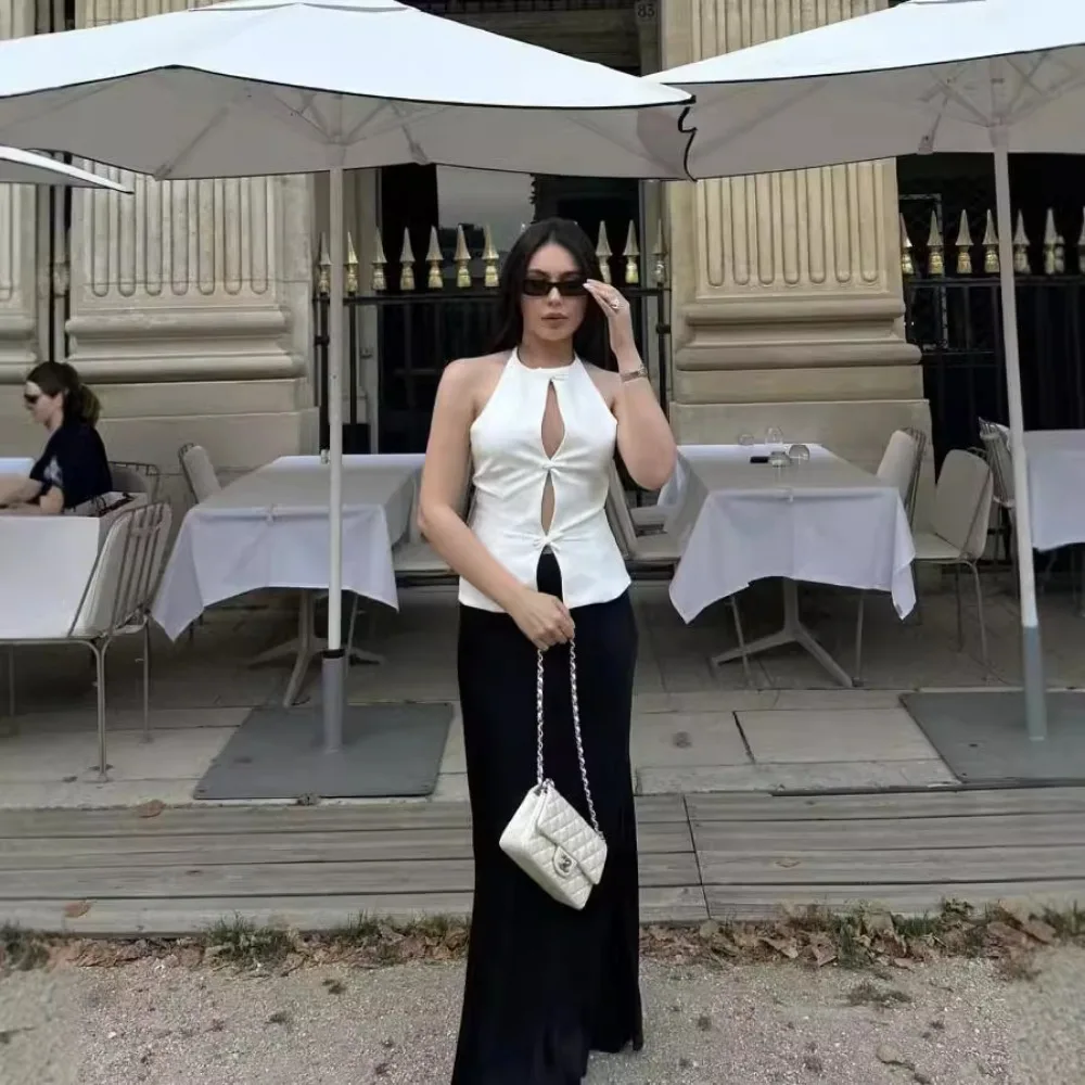 Europa, América 2025 Primavera y novedad de verano ropa de mujer decoración de lazo cuello Top pantalones cortos falda