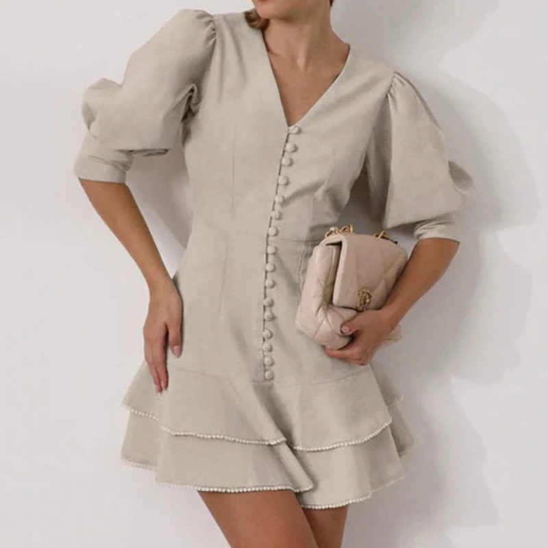 

TARUXY Lantern Sleeve A-Line Dress Women's V-Neck Single-Breasted High Waist Cotton Linen Dress 2025 Summer New Party Outfit