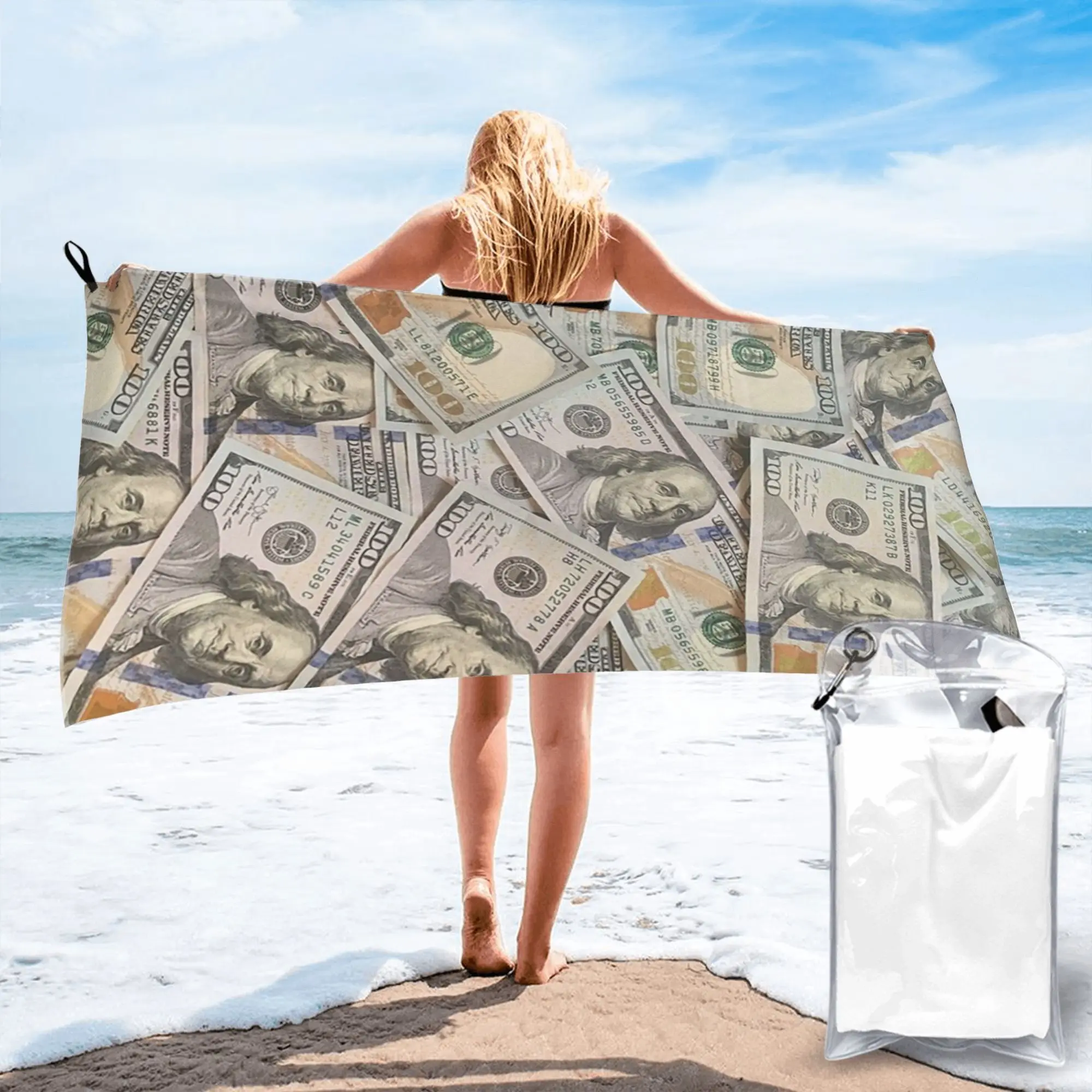 New Hundred Dollar Bills Money Attraction Beach Towel Soft Microfiber Quick Dry Absorbent Quick Towels For Bath