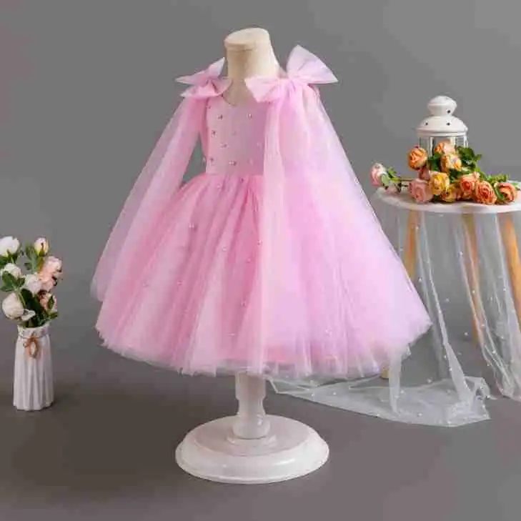 2024 New girls  embroidered Jacquard Dress 0 1 2 3 4 5years old girls' Princess Wedding Bridesmaid banquet lace bow net dress