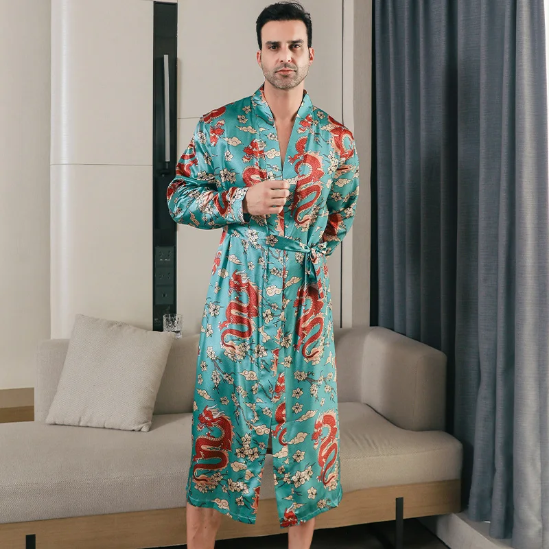 Ice silk pajama men\'s long sleeved thin plum blossom dragon pattern spring and autumn summer bathrobe home clothing sleepwear