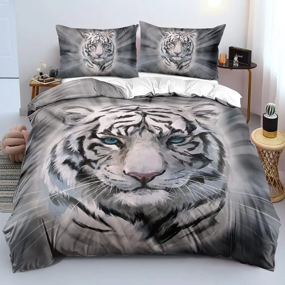 

Tiger Lion Pattern Duvet Cover Set Queen King Size Animal Print Bedding Set for Boys Girls Kids Art Bedroom Decor 3 Piece Set