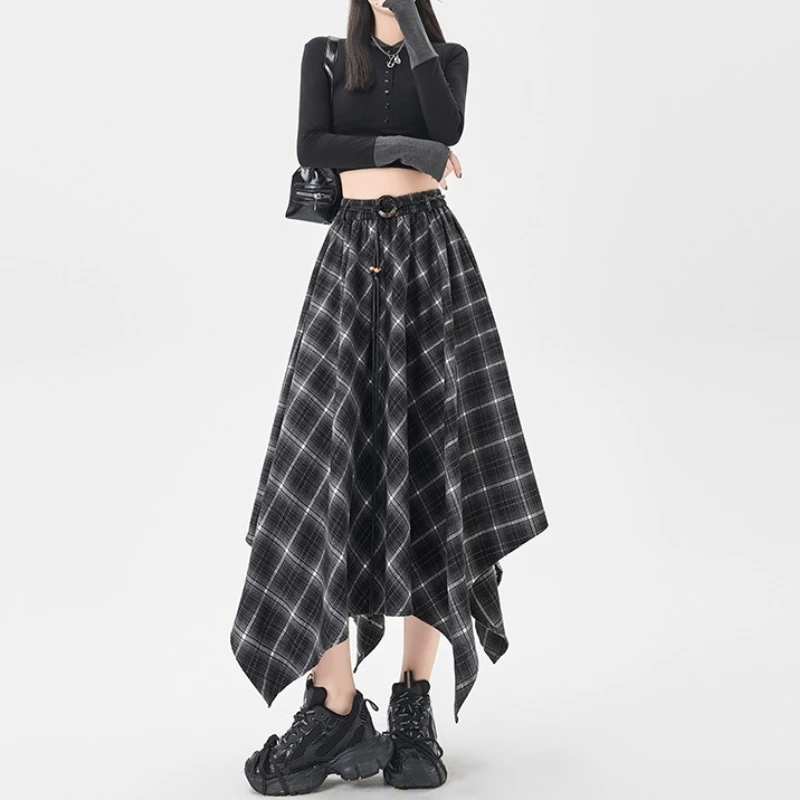 Vintage Plaid Asymmetrical Hem High Waist A Line Midi Skirt Women's Warm Basic Casual Daily Classic Trendy Autumn Fashion Skirt