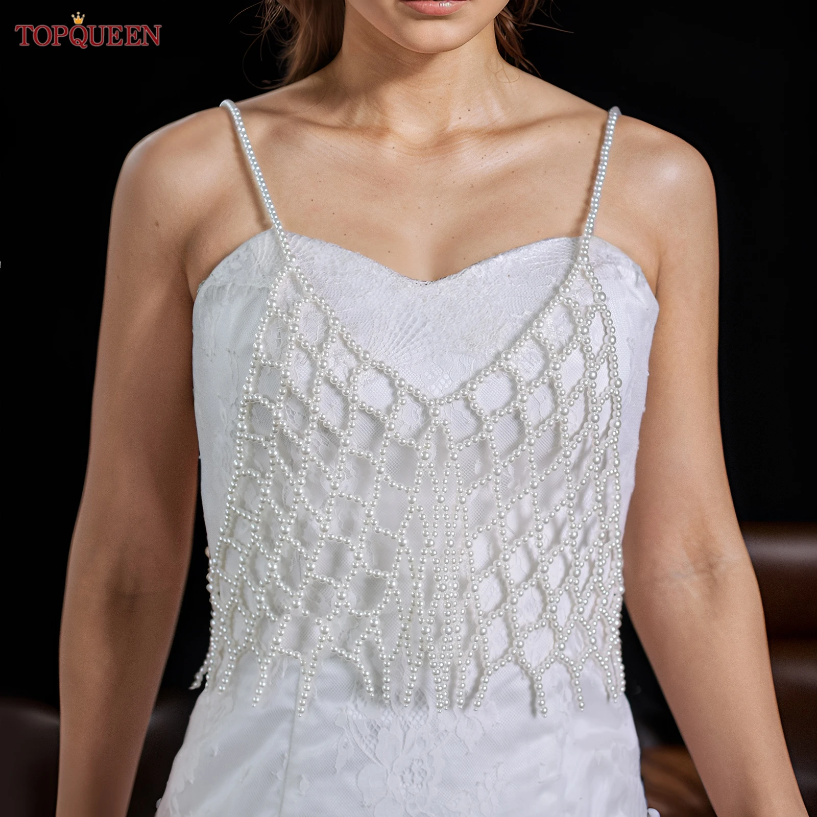 TOPQUEEN VG101-W Factory Direct Sales of Short Bridal Pearl Cape Hand Beaded Vest Style Bridal Tassel Cape Dress Matching