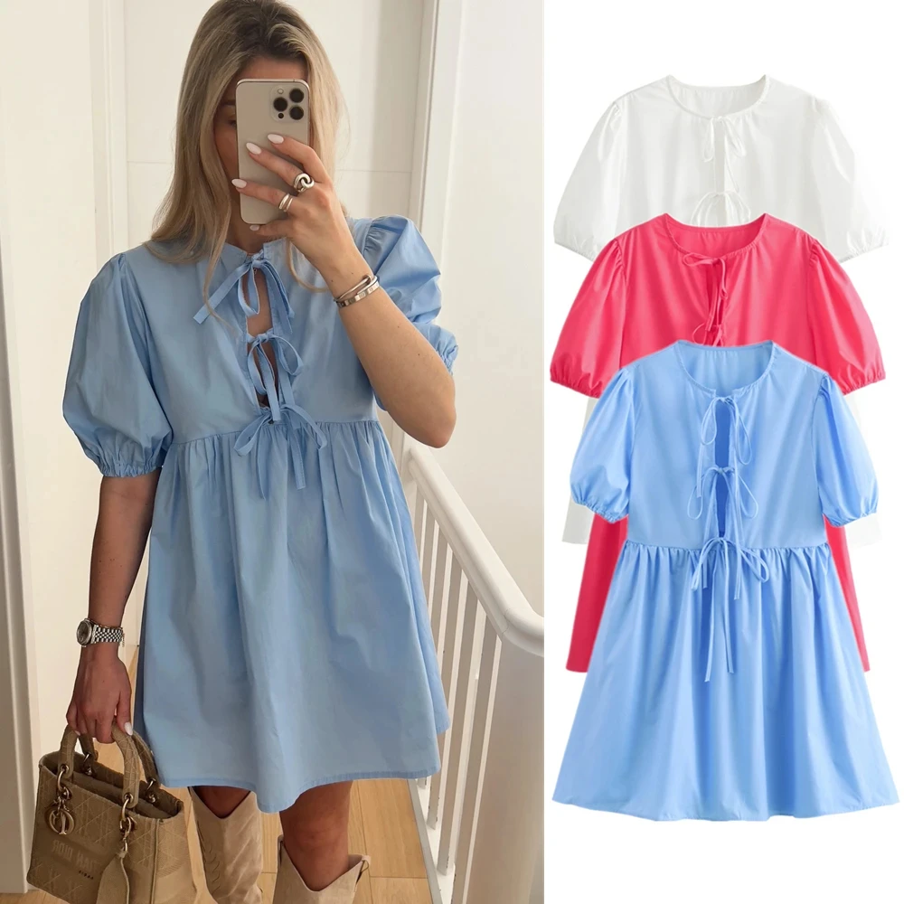 

PB&ZA Women's 2024 Summer New Casual Fit Round Neck Puff Sleeves Lace-up Decoration High Waist Loose Short Dress