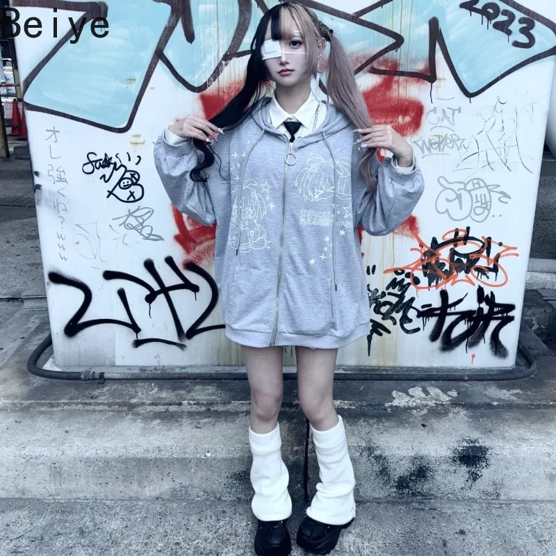 Y2K Harajuku Anime Print Zip Hoodie Women Oversized Long Sleeve Hooded Jacket Ladies Japanese Aesthetic Sweatshirts Coat