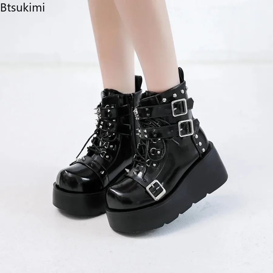 2024 Ladies Wedges High Heels Boots Metal Decor Buckle Punk Platform Females Boots Party Gothic Street Woman Shoes Knight Boots