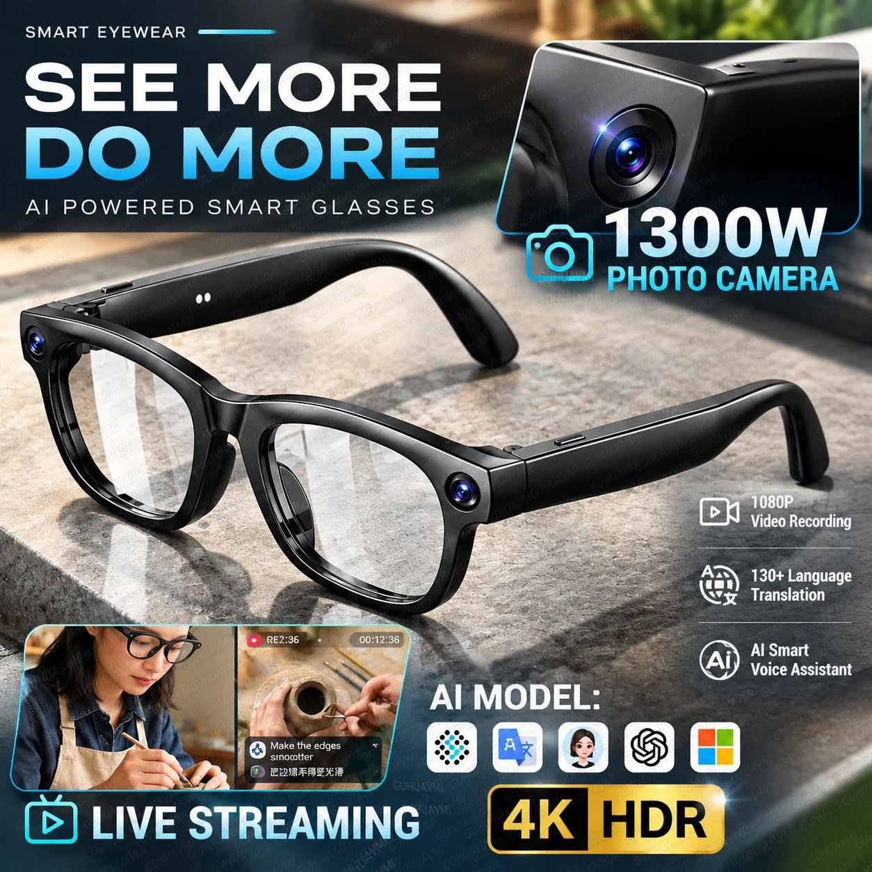 2026New 4K HD LIVE Streaming AI Smart Glasses 13MP Camera 1080P Video AI Chat Music Player Call AI Sport Smart Glasses Men Wome