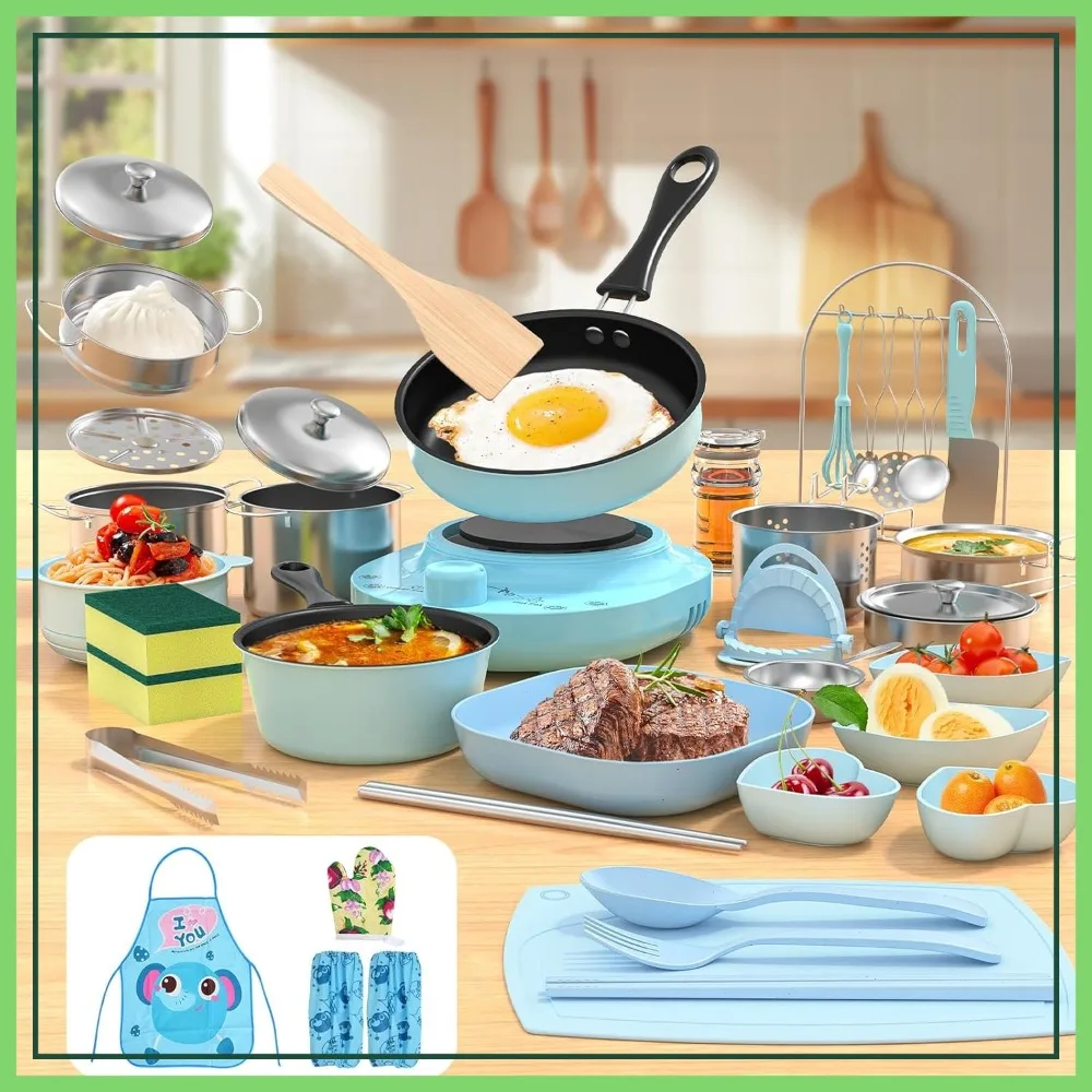 

Kids Cooking Sets Real, Safe Montessori Mini Tools with Stove Burner, Knife for Ages 8-12, Easy Beginners Food Making, Blue