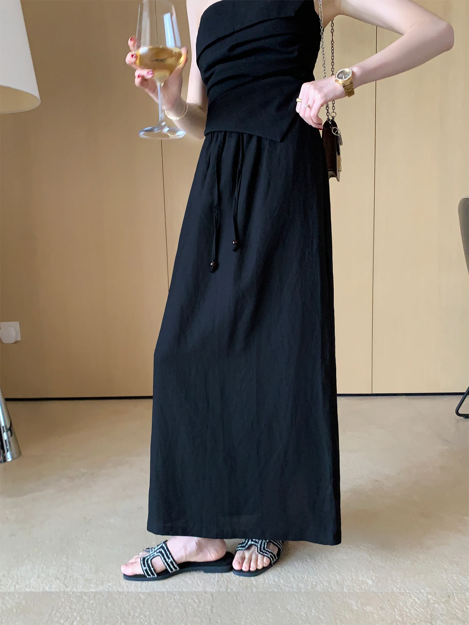 Pusumede Lightweight Linen Half Skirt Women's Drawstring Design Asymmetrical Straight Cut Skirt Back Split mid Waist