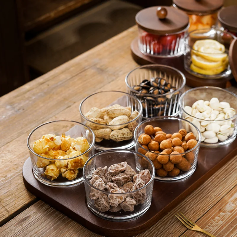 Grid fruit plate household living room coffee table plate with lid round glass bowl fruit snack plate dried fruit simple