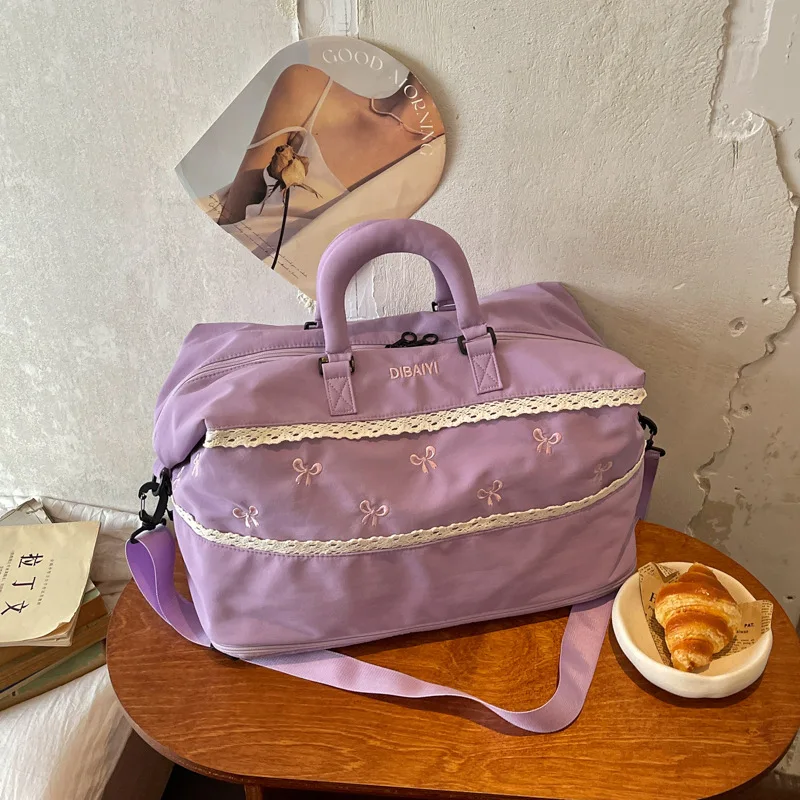 Women Sweet Bow Nylon Large Capacity Travel Duffel Bag Handbag Crossbody Shoulder Bag Lace Trim Pockets Daily Casual Girls