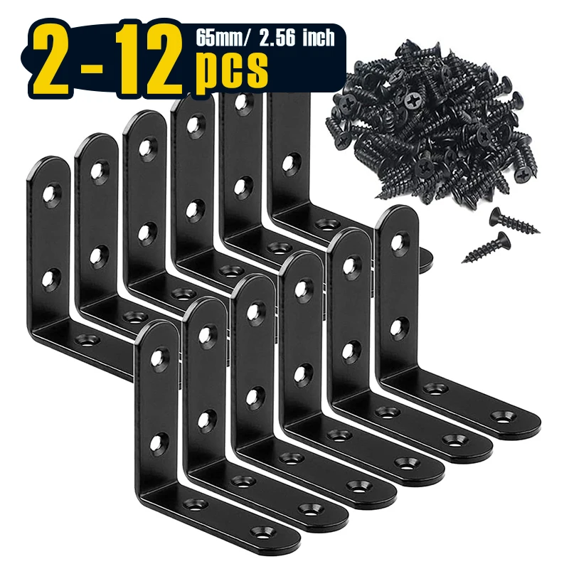 Soportes en L de soporte de esquina negro, soporte de estante resistente de acero inoxidable de 65mm (2,5 pulgadas) para madera, estantes para colgar en la pared, 2-12 Uds.