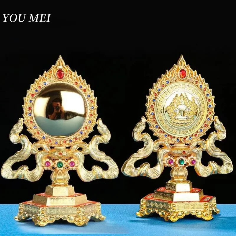 Buddhism Treasure Mirror,Engraving Inlaid Gem Tibetan Alloy Handicrafts,Tantric Mirror Altars Ornament,Buddhist Religious Item