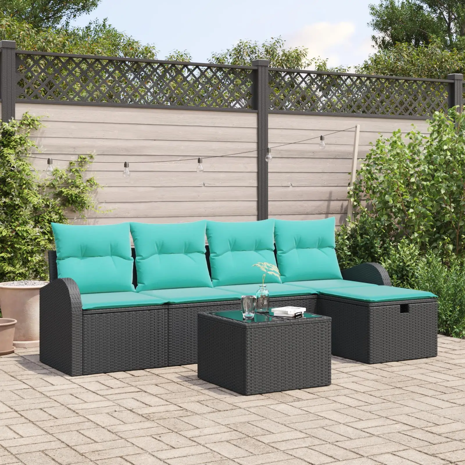 

6 Piece Outdoor Rattan Sofa Set with Cushions Modern Black Patio Furniture Garden Seating