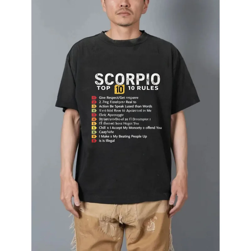 

Мужская стираная футболка, черный топ Скорпион, 10 правил, с принтом и текстом, высокое качество, 100% хлопок, 230 г